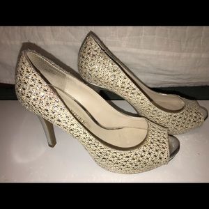 Silver and cream sequence open toe shoes